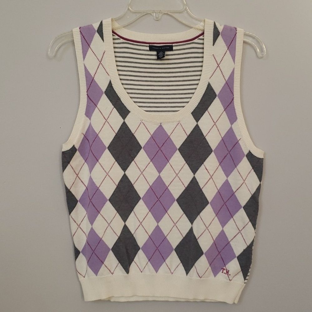 Y2K Tommy Hilfiger Vest Womens M Argyle Scoop Neck Cotton Sweater Lavender Gray